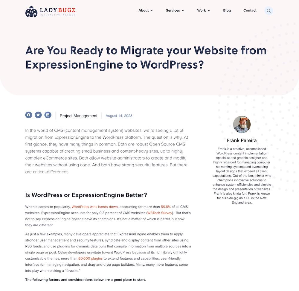 An example of a Ladybugz Interactive Agency blog post that compares and contrasts both ExpressionEngine and WordPress.