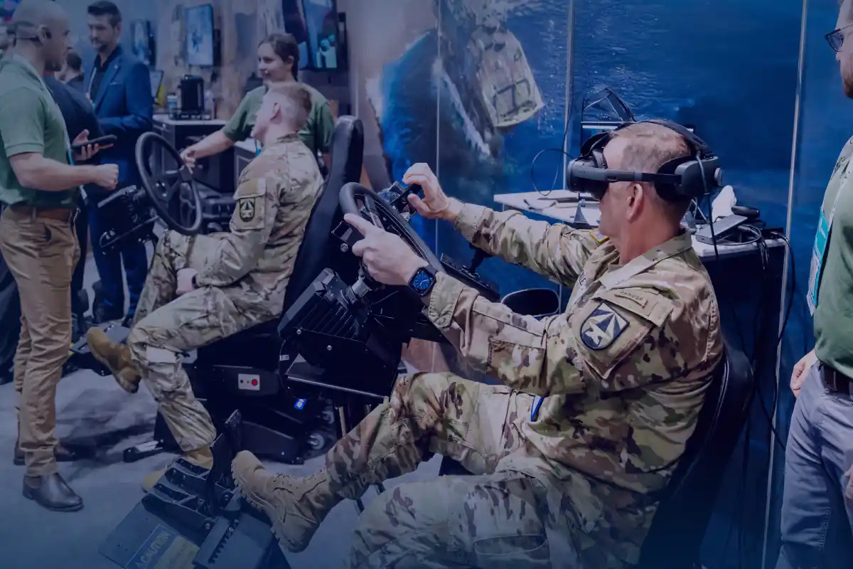 Defense contractor website design and branding example with military soldiers simulator training.