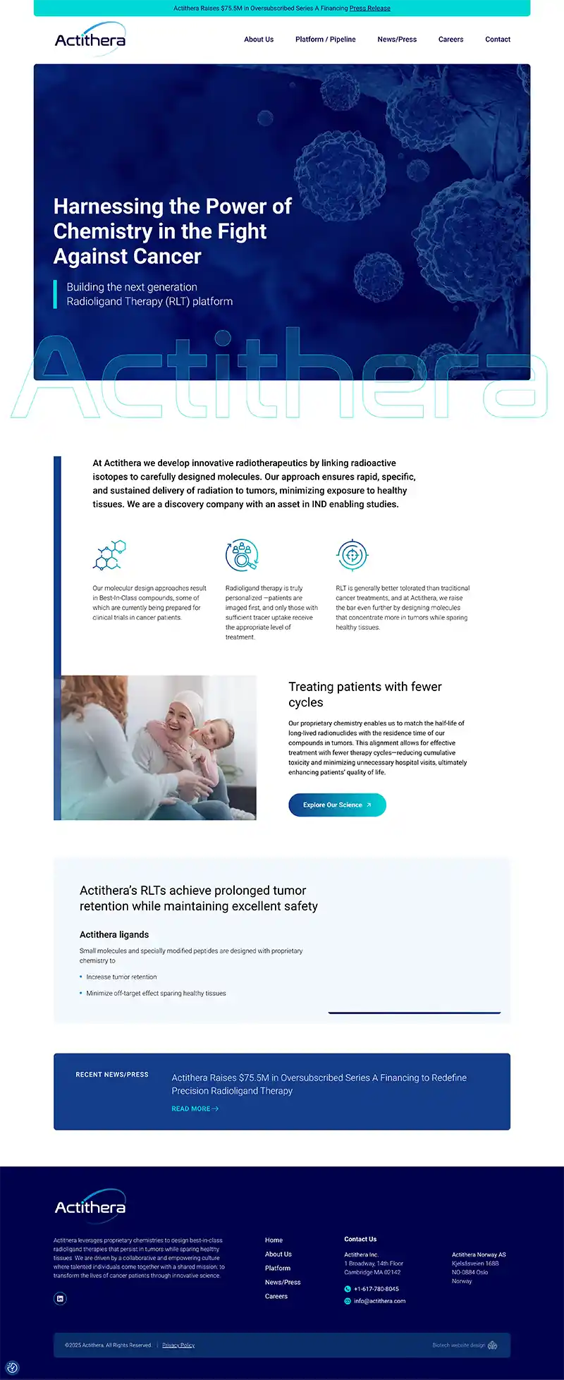 Website Design example for Actithera a biotech in Cambridge MA.